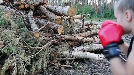 Mała bokserka daje wycisk drewnu